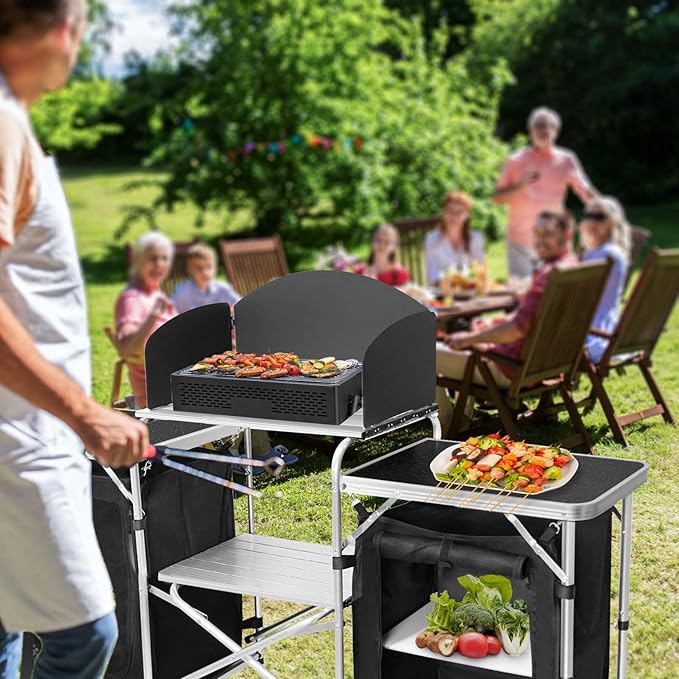 CampLand Folding Camping Kitchen Table with Windscreen,Portable Outdoor Cooking Station with Storage Cabinet & Side Tables Heavy Duty Camp Cook Station for Camping & BBQ (Black2cabinet)