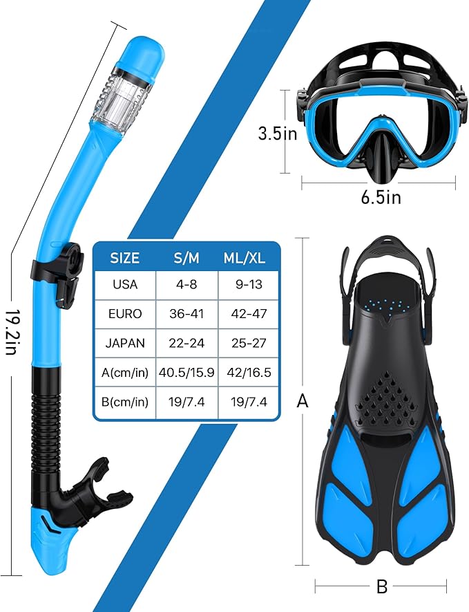 Ubekezele Snorkeling Gear for Adults Men Women,4 in 1 Snorkel Set with Panoramic View Diving Mask Anti-Fog Anti-Leak,Dry Top Snorkel,Fins and Travel Bag for Swimming,Snorkeling and Travel Diving