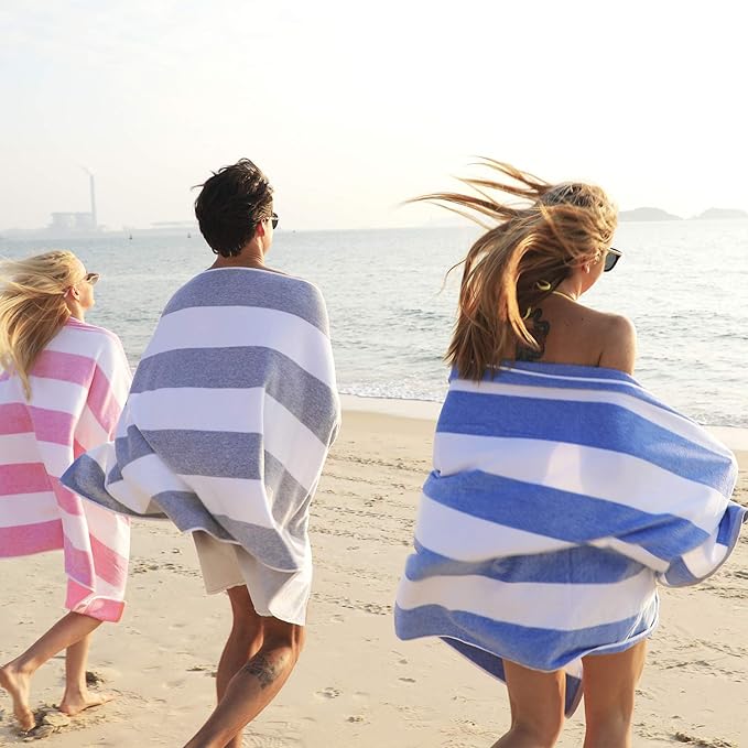 HENBAY Cotton Oversized Beach Towel - Large 70 x 35 Inch Pool Towel, Grey Striped Quick Dry Swimming Cabana Towel