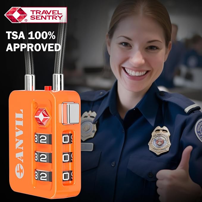 ANVIL TSA Locks for Luggage with Search Alert: Durable Cable Combination Locks, TSA Approved - Secure Travel Locks for Suitcases, Backpacks & Gun Cases (2, Orange)