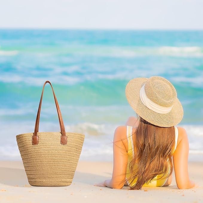 Trifabricy Beach Bags for Women, Large Beach Bag, Woven Straw Tote Bags Waterproof, Weaving Swim Shopping Travel Bag