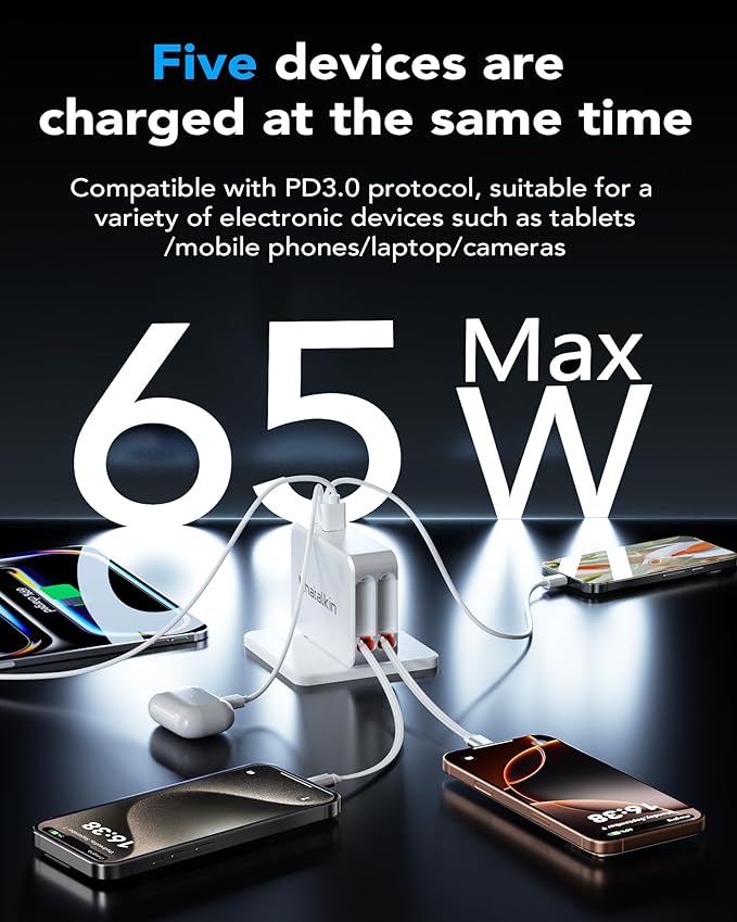 65W for MacBook Pro Charger,5-in-1 Retractable Wall Charger Plug for iPhone 17, Dual 3.94 ft PD USB C Cable&3 Ports, Fast Charging Block for Mac Book Pro/Air, M1 M2 M3 M4 M5, iPad Pro,Galaxy,Pixel
