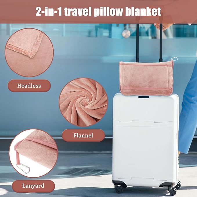 Travel Blanket, 2 in 1 Soft Flannel Airplane Blanket Warm Travel Blanket Pillow with Luggage Strap and Buckle, Portable Compact Flight Blanket for Cars Airplanes Camping 63x39 Inch (Pink)