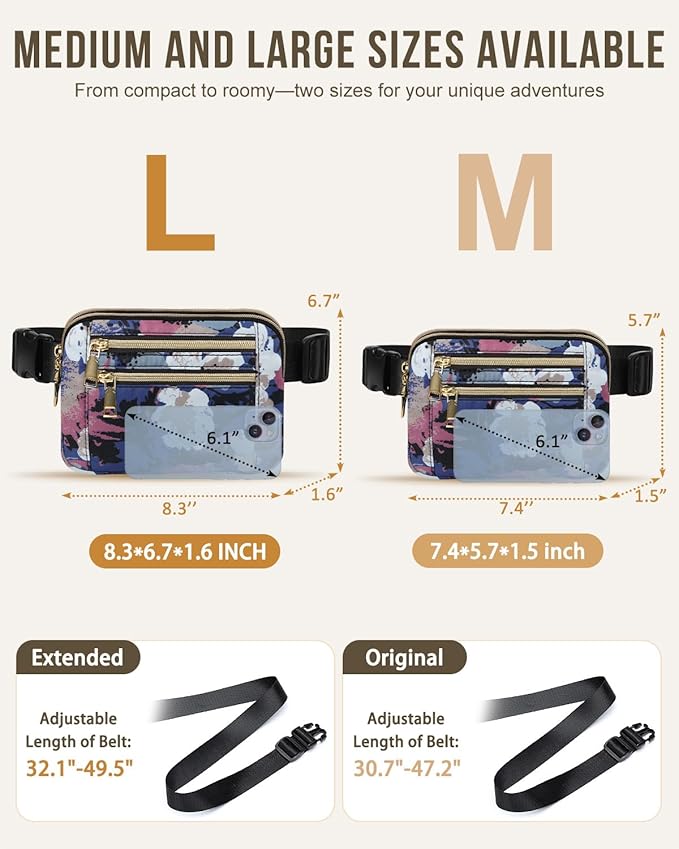 Capolo Fanny Packs for Women Fashion Waist Packs Bag with Adjustable Strap and 4 Zipper Pockets Waterproof Everywhere Crossbody Belt Bag for Workout Running Travelling(Watercolor Print, Large)