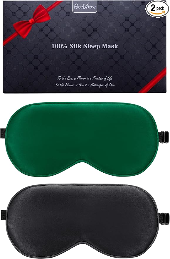 BeeVines 100% Real Mulberry Silk 2 Pack Sleep Mask, Pure Silk Eye Masks with Adjustable Strap for Sleeping, 100% Block Light Eye Shade Cover, Reduces Puffy Eyes Traveling Gifts(Black & Green)