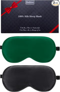 BeeVines 100% Real Mulberry Silk 2 Pack Sleep Mask, Pure Silk Eye Masks with Adjustable Strap for Sleeping, 100% Block Light Eye Shade Cover, Reduces Puffy Eyes Traveling Gifts(Black & Green)