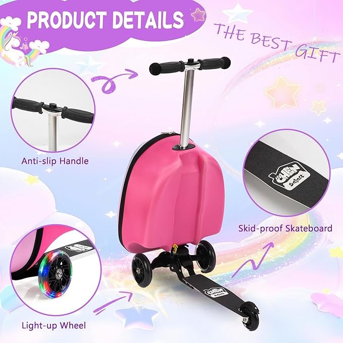Scooter Suitcase for Kids, Ride on Luggage for Girls Aged 3-8, Scooter Luggage with LED Wheels