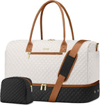 Travel Weekender Duffle Bags for Women - Duffel Bag with Shoe Compartment Carry On Overnight Bag with Toiletry Bag with Wet Pocket for Gym Hospital Bags for Labor and Delivery Black White Brown