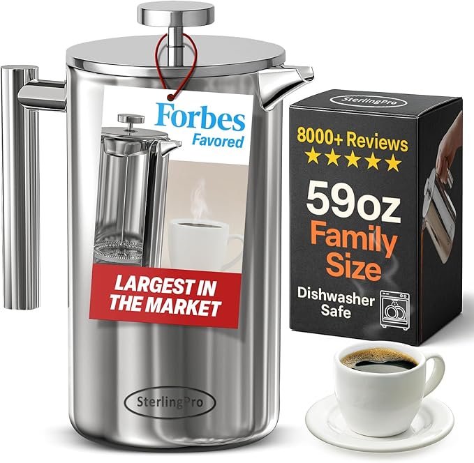 SterlingPro Stainless Steel French Press Coffee Maker 1.75 L (59 oz) Mirror – Double Walled Insulated Extra Large French Press, Durable Design Keeps Drinks Hot, Easy to Use and Clean for Rich Flavor