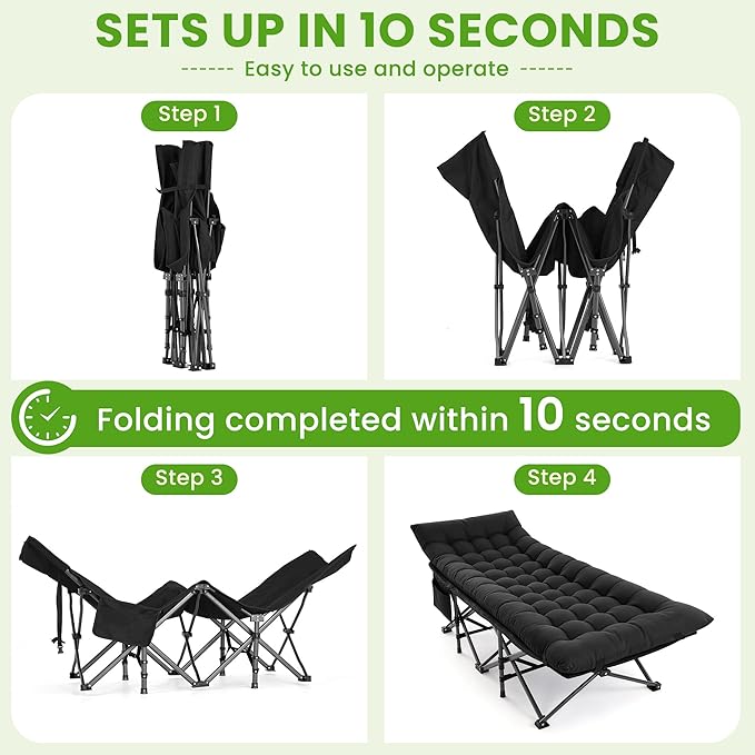 Camping Cot, Folding Camp Cot for Adults, Portable Outdoor Cot with Carry Bag & Mattress, Fast Setup, Lightweight Compact Bed for Travel, Home Office Nap (Black)