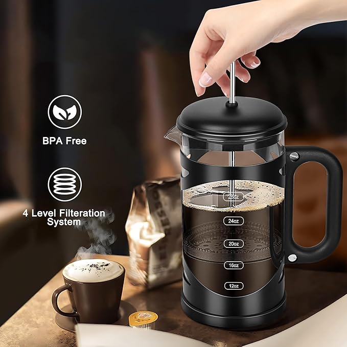YMMIND 34 Ounce French Press Coffee Maker Black Stainless Steel Coffee Press, with 4-Level Filter System, Heat Resistant Thickness Borosilicate Glass, BPA-Free Brewed Coffee Pot for Camping Gifts
