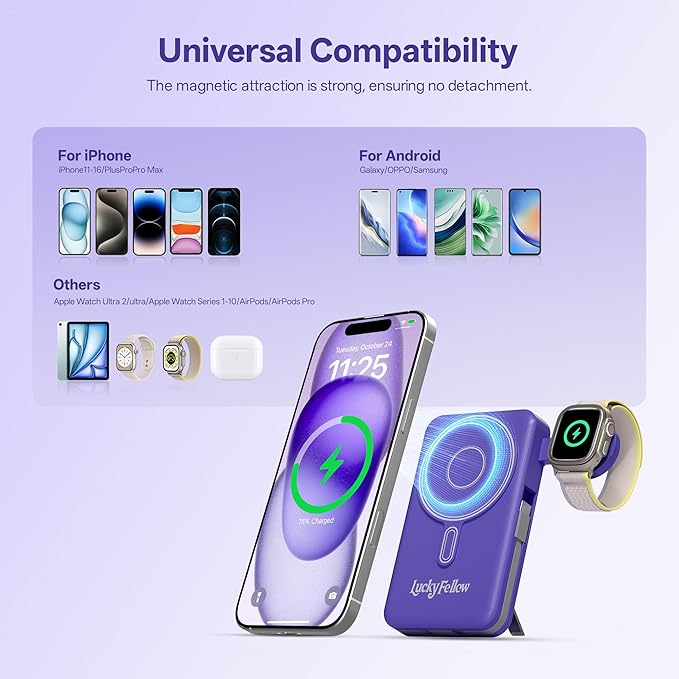 Magnetic Portable Charger Built-in Cables,10000mAh Fast Charging Wireless Charger Station External Battery Pack Slim Pocket Size Power Bank with Stand Compatible with iWatch, iPhone