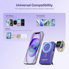 Magnetic Portable Charger Built-in Cables,10000mAh Fast Charging Wireless Charger Station External Battery Pack Slim Pocket Size Power Bank with Stand Compatible with iWatch, iPhone