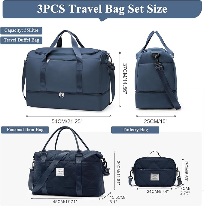 Extra Large Travel Duffle Bag,Carry on Overnight Bag with Shoes Compartment,Weekender Bags for Women for Travel Business Trips Sport Hospital,3 Pcs Set,Dark Blue