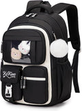 PIG PIG GIRL Kids Backpack for Girls - School Bags for Middle School Students - Book Bag for Elementary Primary - Kawaii Ita Backpack - Black and Beige