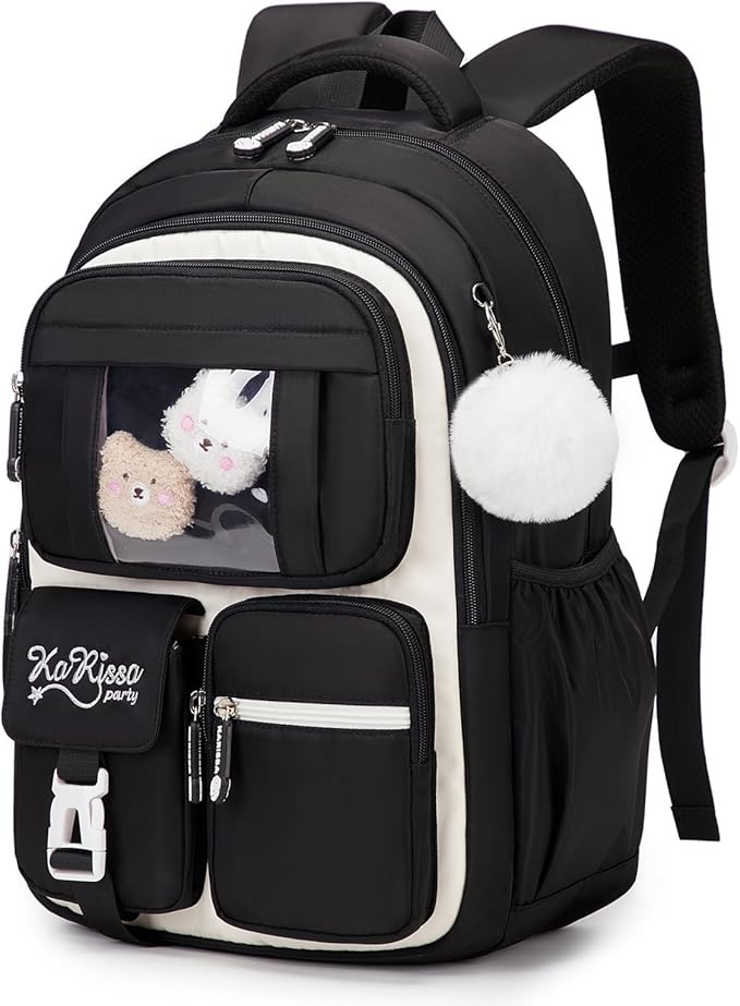 PIG PIG GIRL Kids Backpack for Girls - School Bags for Middle School Students - Book Bag for Elementary Primary - Kawaii Ita Backpack - Black and Beige