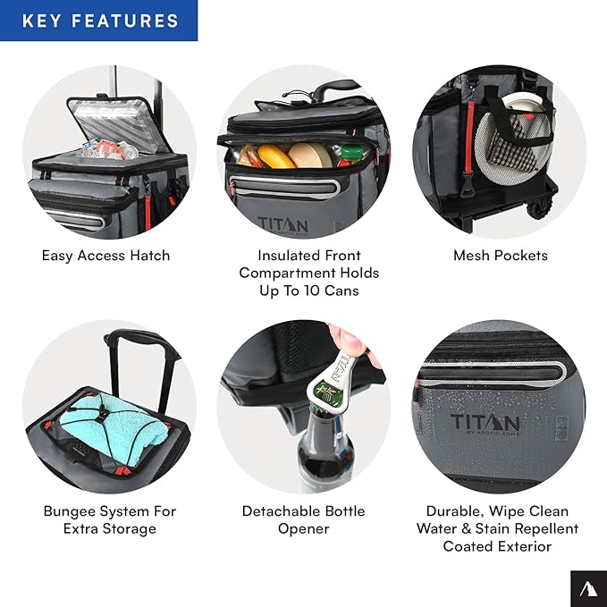 Titan by Arctic Zone Collapsible Wheeled Soft Sided Cooler with Detachable Rolling AT Cart, Insulated Bag with Leak Proof Lining, for Travel, Beach, Picnic, 60 Can Capacity