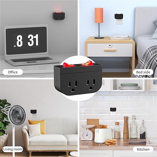 3Pack - POWAWINI Grounded Outlet with Double On Off Switch, Two Port Electrical Outlet Plug Switch, Wall Tap Adapter with Daul Red Indicator, 1875W,15A, ETL Listed (Black)