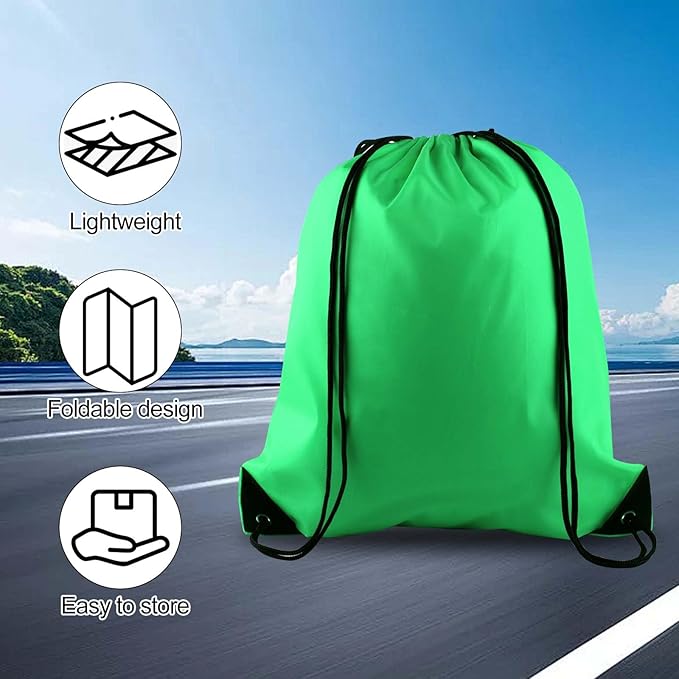 PLULON 15 Pcs Green Drawstring Bags Drawstring Backpack Bulk, String Backpack Cinch Sack Sport Gym Bags for Yoga Traveling Outdoor Sports