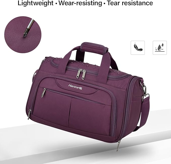 Hanke Small Travel Duffel Bag, Under Seat Carry On Personal Item Bag with 11 Pockets, Lightweight Water Resistant Foldable Weekender Bag with Trolley Sleeve for Travel Gym Daily Use（Purple）
