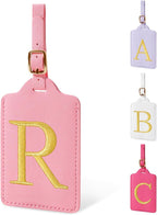 Personalized Initial Luggage Tags for Suitcase, Pink Leather Cute Luggage Tags with Privacy Cover Name Card, Embroidered Custom Monogrammed Luggage Tag Travel Bag Baggage Tags Gifts for Women Kids(R)