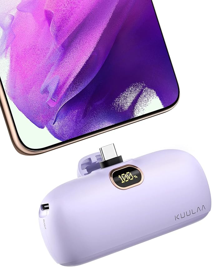 Kuulaa Portable Charger USB C with Built-in USB-C Plug, 5000mAh PD20W Fast Charging Power Bank, LCD Digital Display Battery Pack for iPhone 15/16/17,Samsung S22/S23 & Android (Purple)