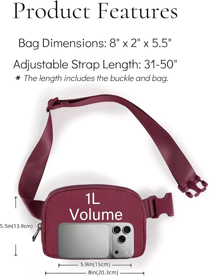 YOSHUYUKI Waist Belt Bag for Women Lulu Dupes Mini Small Crossbody Purse Sling Bag Cute Fashion Waterproof Fanny Pack Over The Shoulder Bags Fashionable Travel Running Belt Pouch Bum Bag Red Merlot