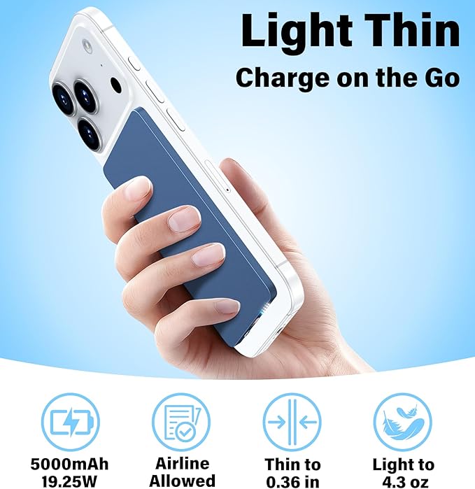 3-in-1 5000mAh for Magsafe Power Bank Thin Slim 22.5W Fast Charging Type C Magnetic Battery Pack Powerbank for Travel, Mini Wireless Portable Charger for iPhone 17 16 15 14 13 Watch Android Matte Blue
