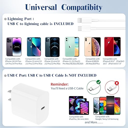 Ximytec iPhone 14 13 12 11 Charger Fast Charging 2Pack 20W Type-C Fast Charger Blocks with 6FT MFi-Certified USB C to Lightning Cables Compatible with iPhone 14/13/12/11/XS/XR/X/8/7/6 /iPad (White)