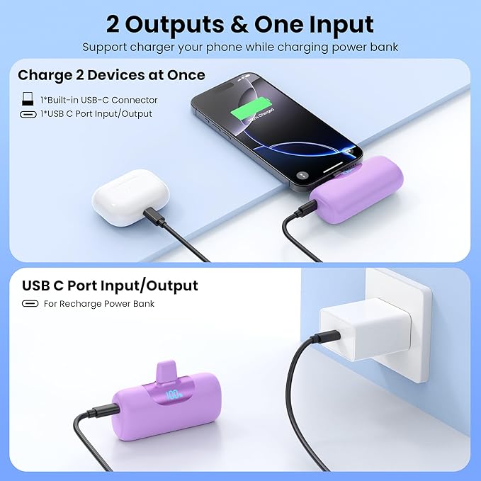 [2 Packs]Mini Portable Charger for iPhone 17/16,5500mAh LCD Display USB C Power Bank,Fast Phone Charging Travel Pocket Size Battery Pack for iPhone 17/17 Pro Max/Air/16/15 Series,Android(Pink+Purple)