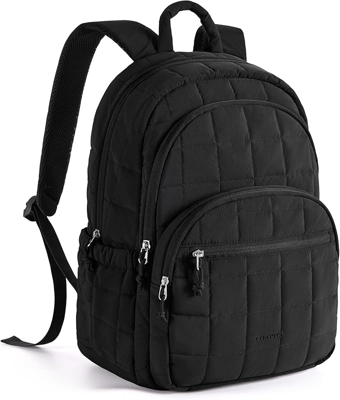 BAGSMART College Laptop Backpack, Travel Backpack for Women, Quilted Casual Daypack, Water-Resistant Bookbag for 15.6 Inch Laptop, Black