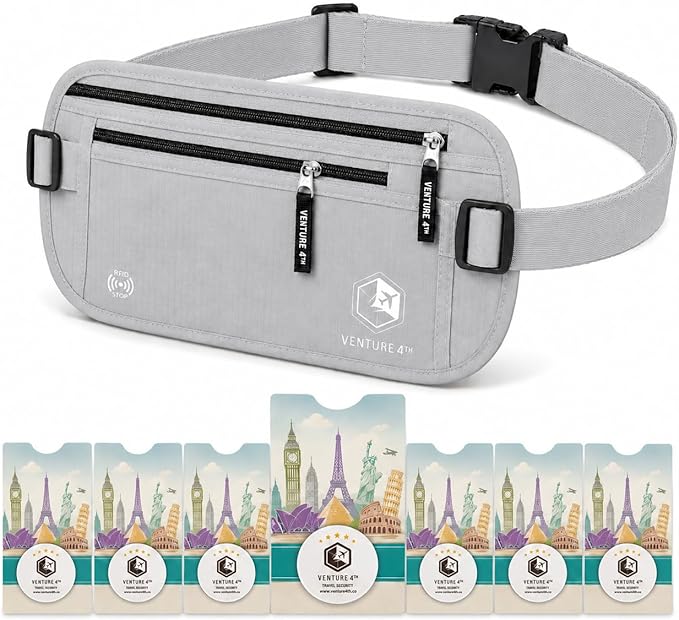 VENTURE 4TH RFID Money Belt for Travel with RFID Blocking Sleeves – Slim Hidden Travel Wallet & Passport Holder for Men & Women, Lightweight Anti-Theft Pouch to Protect Cash Cards & Documents - Silver