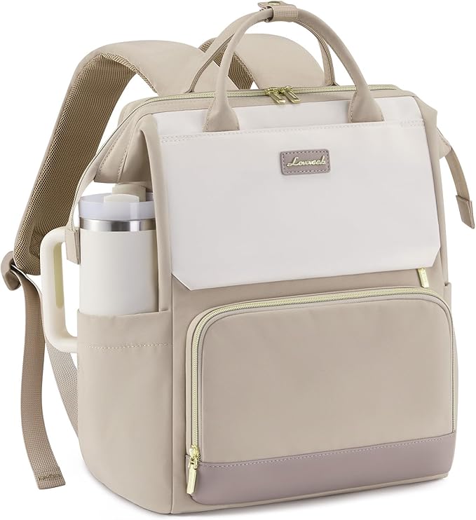 LOVEVOOK Laptop Backpack for Women with Giant Tumbler Holder Pocket, 17 inch Travel Work Backpack Purse for Nurse Teacher, Waterproof School Bag College Bookbag Cute Casual Daypack for Girls Khaki