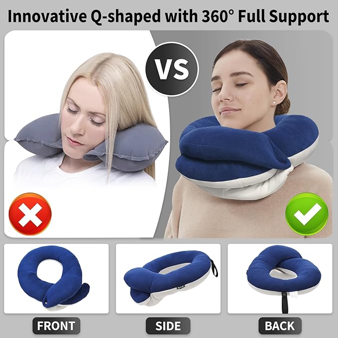 BUYUE Travel Neck Pillows for Airplanes, Memory Foam 360° Head Support Sleep for Long Flight, Skin-Friendly & Breathable, Kit with Eye Mask, Earplugs and Storage Bag (Adult, Navy, 90+ lbs)