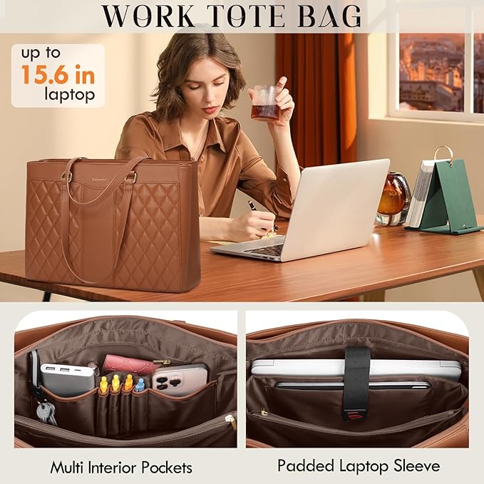 RAINSMORE Laptop Bag for Women 15.6 Inch Work Tote Bags Leather Laptop Tote Professional Laptop Purse Computer Handbag Womens Briefcase Tote with Clutch for Teacher Office Travel, Brown