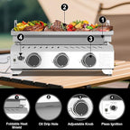 R.W.FLAME 3 Burner Tabletop Propane Griddle, 25" Stainless Steel, 24,000 BTU, Flat Top Grill for Outdoor BBQ, Camping & Patio