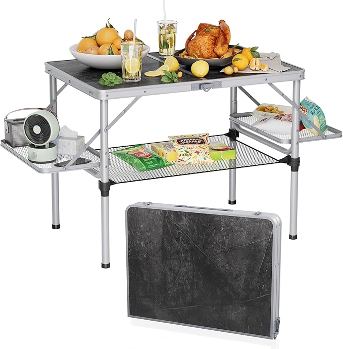 Titanker Folding Camping Table 3ft, Large Camp Table Portable with Extra Side Racks & Storage Net, Folding Picnic Table, Outdoor Patio Table, RV/Car Camping Essentials, Aluminum, Silver