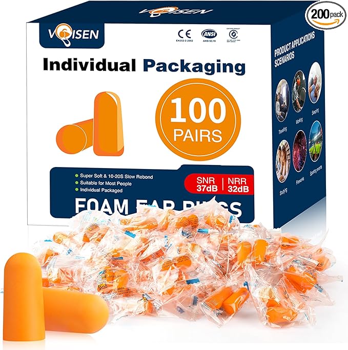 VOISEN Ear Plugs,100 Pairs EarPlug for Sleeping,32dB NRR 37dB SNR Ear Plugs Noise Cancelling for Snoring, Studying, Loud Events, Traveling & Concerts, Individual Package