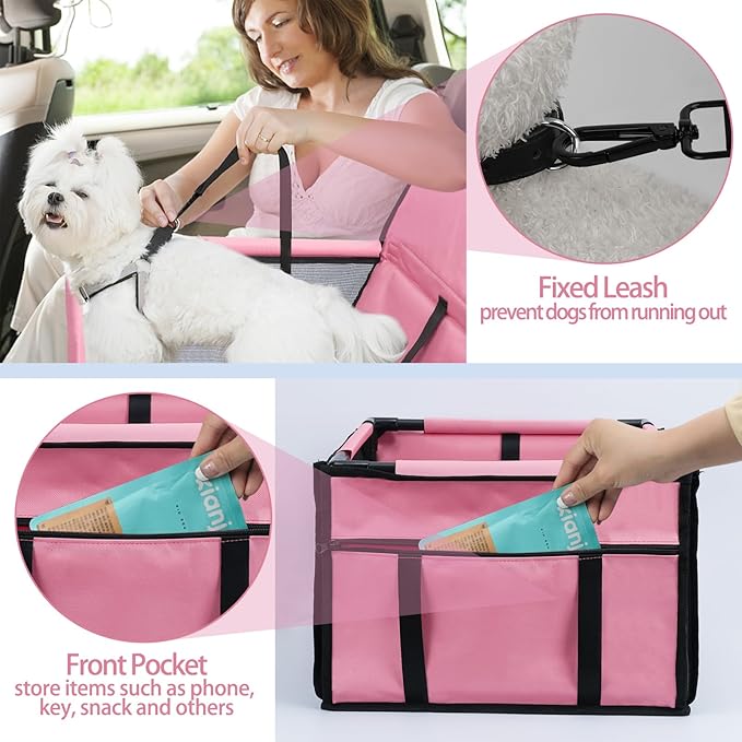 Dog Car Seat Foldable Dog Car Booster Seat Waterproof Breathable Oxford Travel Bag for Small to Medium Dogs, Puppies, and Pets-Pure Pink-Upgrade