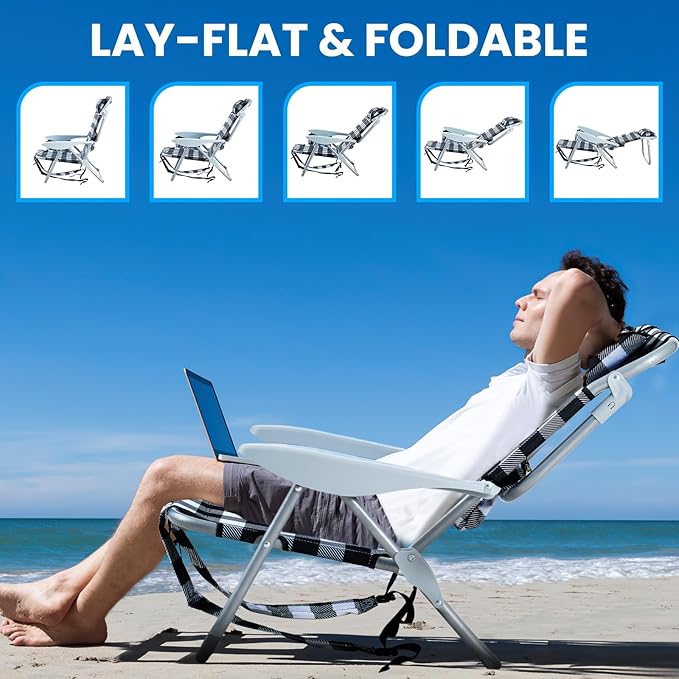 2 Pack Lightweight Portable Camping Beach Chair for Adults, Outdoor Lay Flat Folding Beach Chairs with 5 Positions, Backpack Beach Chair with Towel Bar, Zipper Pouch, Cup Holder, Plaid
