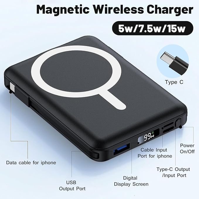 Azmuth for MagSafe Portable Charger, 10000mAh Magnetic Power Bank with 20W PD USB-C Fast Charging LED Display for MagSafe Battery Pack, Magnetic Travel Charger for iPhone 17/16/15/14/13/12 Series