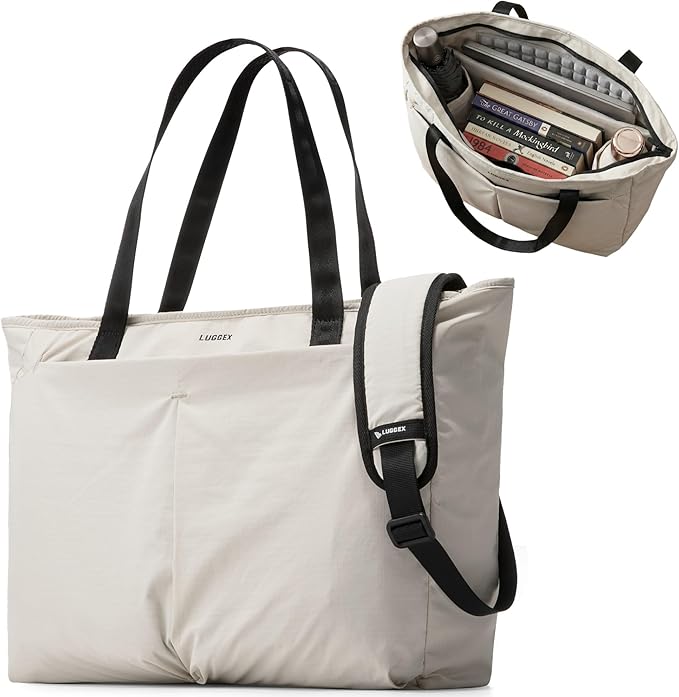 LUGGEX Laptop Tote Bag, LTX04 20L Lightweight Work Tote for 13-15.6 Inch Laptop, Water-Resistant Nylon Computer Shoulder Bag with Padded Sleeve, Bottle Holders & Luggage Strap (LTX04, Beige)