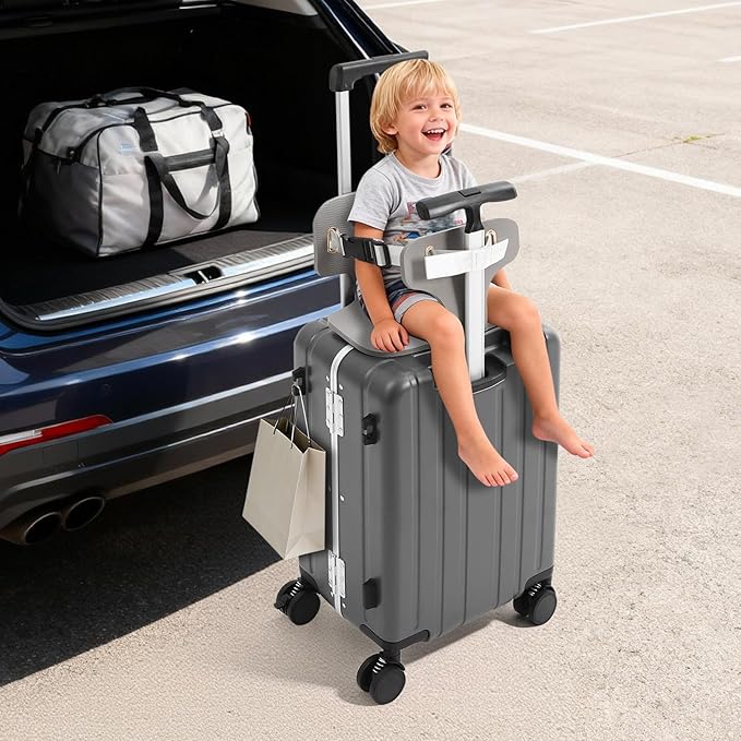 CNCEST 20" Adjustable Double Handle Ride-on Luggage,Travel Carry On Trolley Case with Mesh Pocket for Kids,Children's Ride On Suitcase with Wheels & TSA Lock