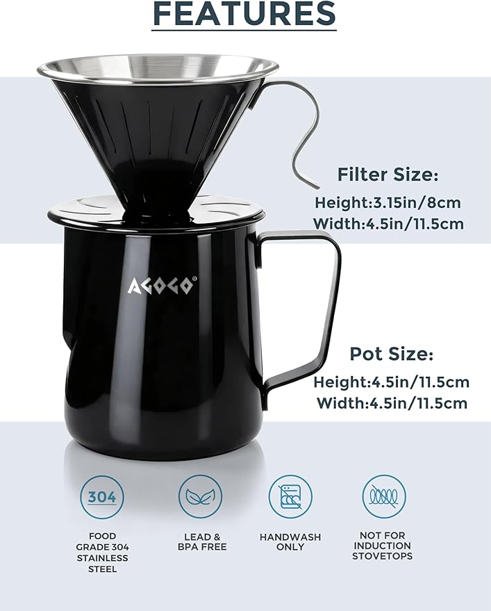 AGOGO Pour Over Coffee Maker Set - Unbreakable 304 Stainless Steel V60 Dripper & Server for Camping & Home, Includes 50 Paper Filters & Barista Towel - Black - 20oz