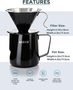AGOGO Pour Over Coffee Maker Set - Unbreakable 304 Stainless Steel V60 Dripper & Server for Camping & Home, Includes 50 Paper Filters & Barista Towel - Black - 20oz