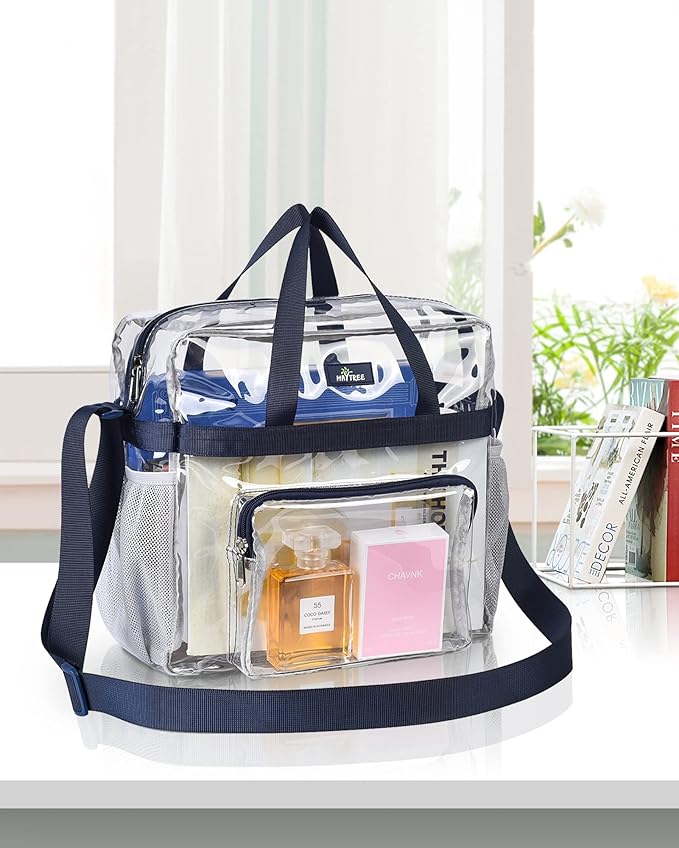 MAY TREE Clear Bag for Stadium Events 12×6×12 Clear Tote Lunch Bag with Reinforced Straps for Work, Sporting Events and Gym, Navy