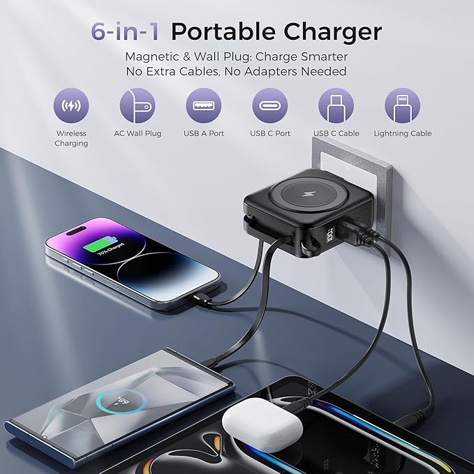 6-in-1 Magnetic Portable Charger 10000mAh – 22.5W Fast Charging with AC Wall Plug Built-in USB-C & Lightning Cables for iPhone 17/16/15/14/13/12, Android & Samsung (Black)