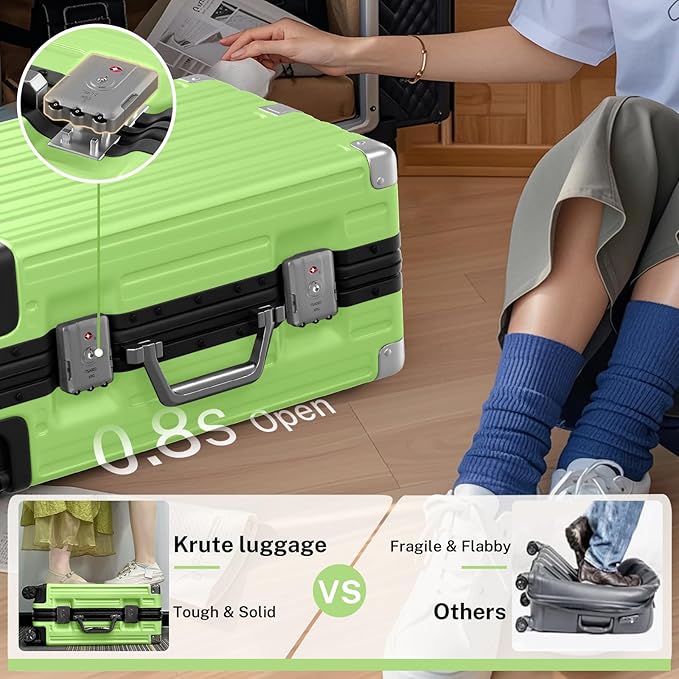 Krute Carry On Luggage 20 inch Aluminum Frame Luggage with Spinner Wheels Hardshell No Zipper PC+ABS TSA Lock Zipperless Suitcases Green