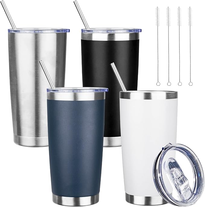20 oz Tumbler with Lids and Straws, Stainless Steel Insulated Travel Coffee Mug, Double Wall Vacuum Insulated Tumblers, Powder Coated Coffee Tumbler for Cold & Hot Drinks (Mix Color-3)