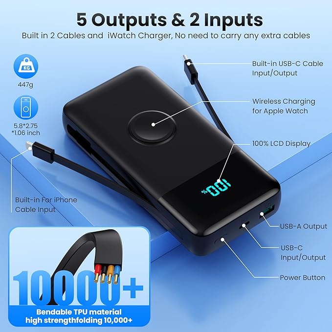 Portable Charger 40800mAh for iPhone with Built-in Cable and iWatch Charger, 25W PD Fast Charging USB C Power Bank,Travel Camping Essentials Battery Pack for iPhone 17/16/15/14/13,Android,Apple Watch